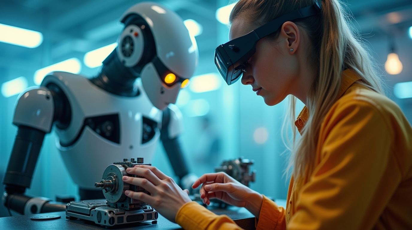 A worker and a collaborative robot on an assembly line