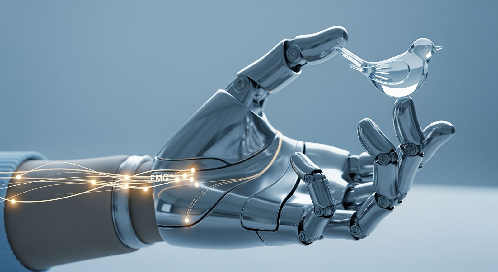 A chrome robotic hand holding a small glass bird