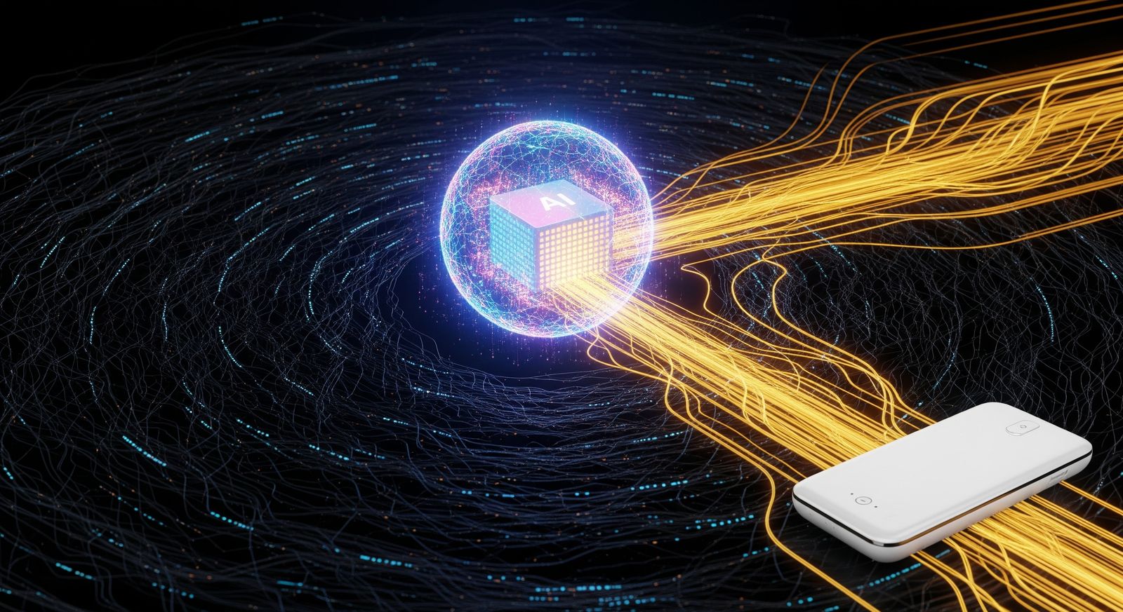 Data streams converging on an AI processing core